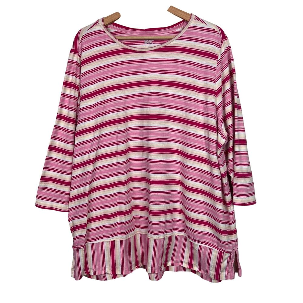Lands' End Womens Size 2X Slub Jersey Swing Tunic Top 3/4 Sleeves Pink Stripes